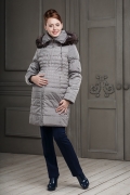 Пальто для беременных Дидилия Виченца (т. бежевый принт, енот) (утеплитель альполюкс до -32, отделка натуральным мехом)
